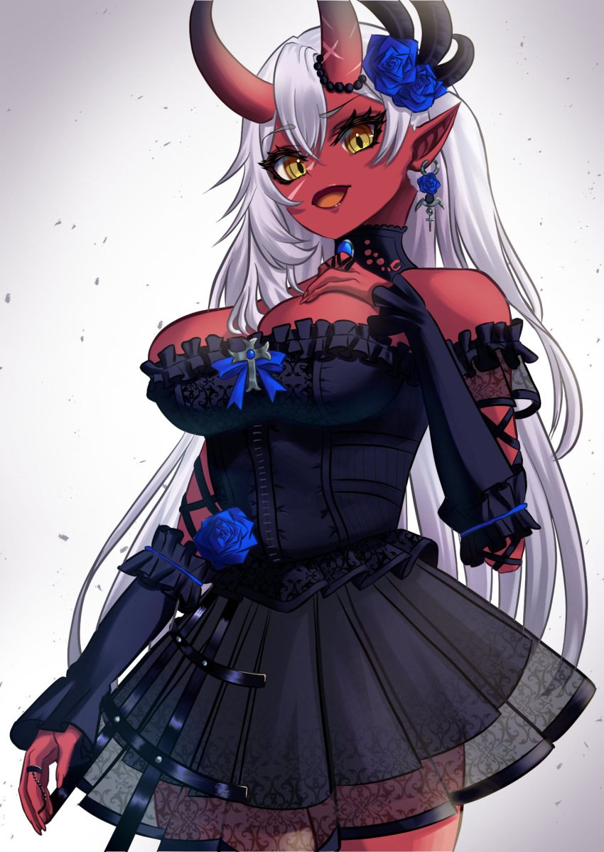 1girl :d akumi bare_shoulders big_breasts black_dress black_gloves blue_flower blue_rose breasts cleavage cowboy_shot cross-laced_clothes dark_skin dress earrings elbow_gloves eyebrows_visible_through_hair female flower gloves gradient gradient_background hair_between_eyes hair_flower hair_ornament hand_on_own_chest horns jewelry large_breasts long_hair looking_at_viewer oni oni_horns open_mouth pointy_ears red_skin ribbon rose scars smile solo thighhighs very_long_hair virtual_youtuber vyugen white_hair yellow_eyes