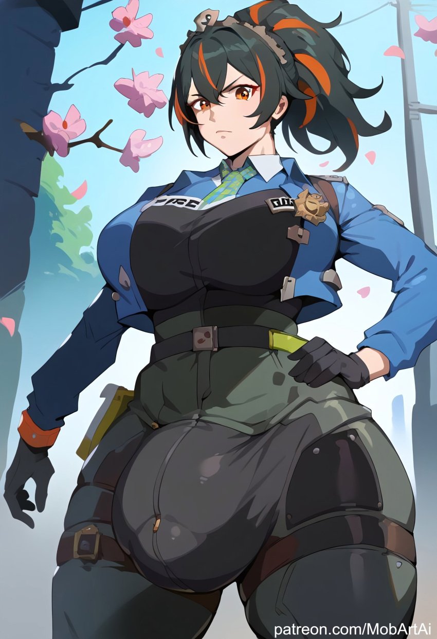 1futa ai_generated big_breasts big_bulge bulge bulge_under_clothes erect_penis erection erection_under_clothes futa_only futa_sans_pussy futanari huge_breasts huge_cock mobart police_uniform policewoman thick_thighs zenless_zone_zero zhu_yuan