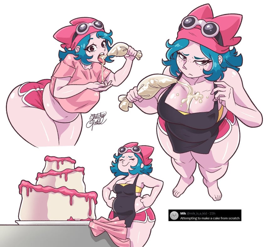 apron artist_signature between_breasts big_belly big_breasts big_thighs cake cleavage crop_top female female female_only marnie_(sketchyfraud) multiple_images short_shorts shorts sketchyfraud solo thick_ass thick_thighs thighs