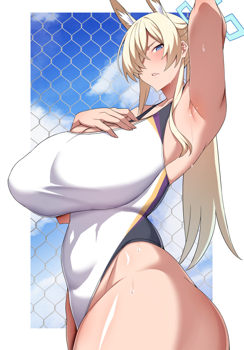 arind_yudha big_breasts blonde_hair blue_archive blush breasts female huge_ass huge_breasts kanna_(blue_archive) kanna_(swimsuit)_(blue_archive) solo thick_thighs