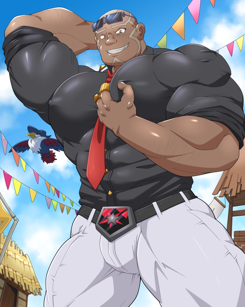 abs arm_hair bald bara big_muscles big_nipples big_pecs bulge clothing daddy dilf erect_nipples facial_markings gay huge_muscles huge_nipples huge_pecs human hunk maldu male male_only markings muscular muscular_human muscular_male nipples pokemon sawyer_(pokemon_masters) solo sunglasses sunglasses_on_head