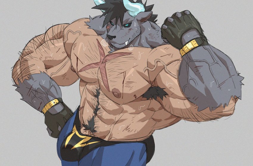 2024 abs absurd_res anthro arm_hair armpit_hair ashendawger behemoth_(final_fantasy) black_hair black_sclera blue_bottomwear blue_clothing blue_eyes blue_horn body_hair bottomwear bulge chest_hair chest_scar clothing facial_scar final_fantasy fingerless_gloves flexing flexing_bicep forearm_muscles fur genitals gloves grey_body grey_fur hair handwear happy_trail hi_res high-angle_view horn legwear looking_at_viewer male nax_(behehonax) nipples pecs penis penis_base scar serratus solo square_enix tights triceps vein veiny_muscles veiny_penis x_scar