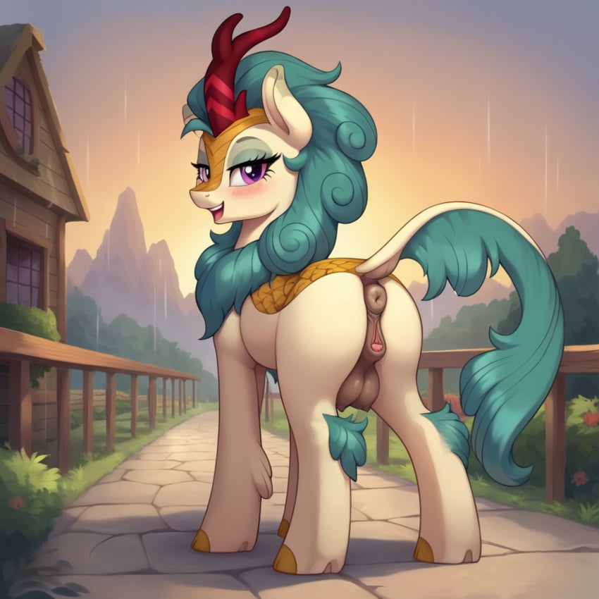 above_average_crotchboobs ai_generated ass crotchboobs crotchboobs_visible_through_thighs equine equine_anus equine_genitalia equine_pussy female female_only feral friendship_is_magic hooves horn kirin magenta_eyes my_little_pony non-human_areolae rain_shine_(mlp) solo_female tan_body teal_hair