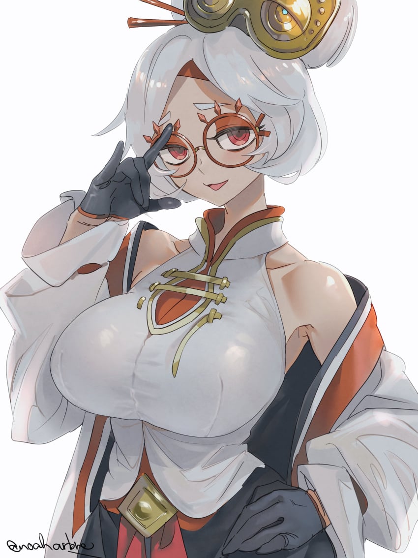 \m/ absurdres bare_shoulders big_breasts black_gloves breasts collarbone female gloves grey_background hair_ornament hand_on_own_hip highres jacket large_breasts long_sleeves looking_at_viewer mommy nintendo no noah_(tettsui-sole) noaharbre open_mouth purah purah_(tears_of_the_kingdom) red-framed_eyewear red_eyes round_eyewear short_hair simple_background smile solo tears_of_the_kingdom the_legend_of_zelda the_legend_of_zelda:_tears_of_the_kingdom twitter_username white_hair white_jacket