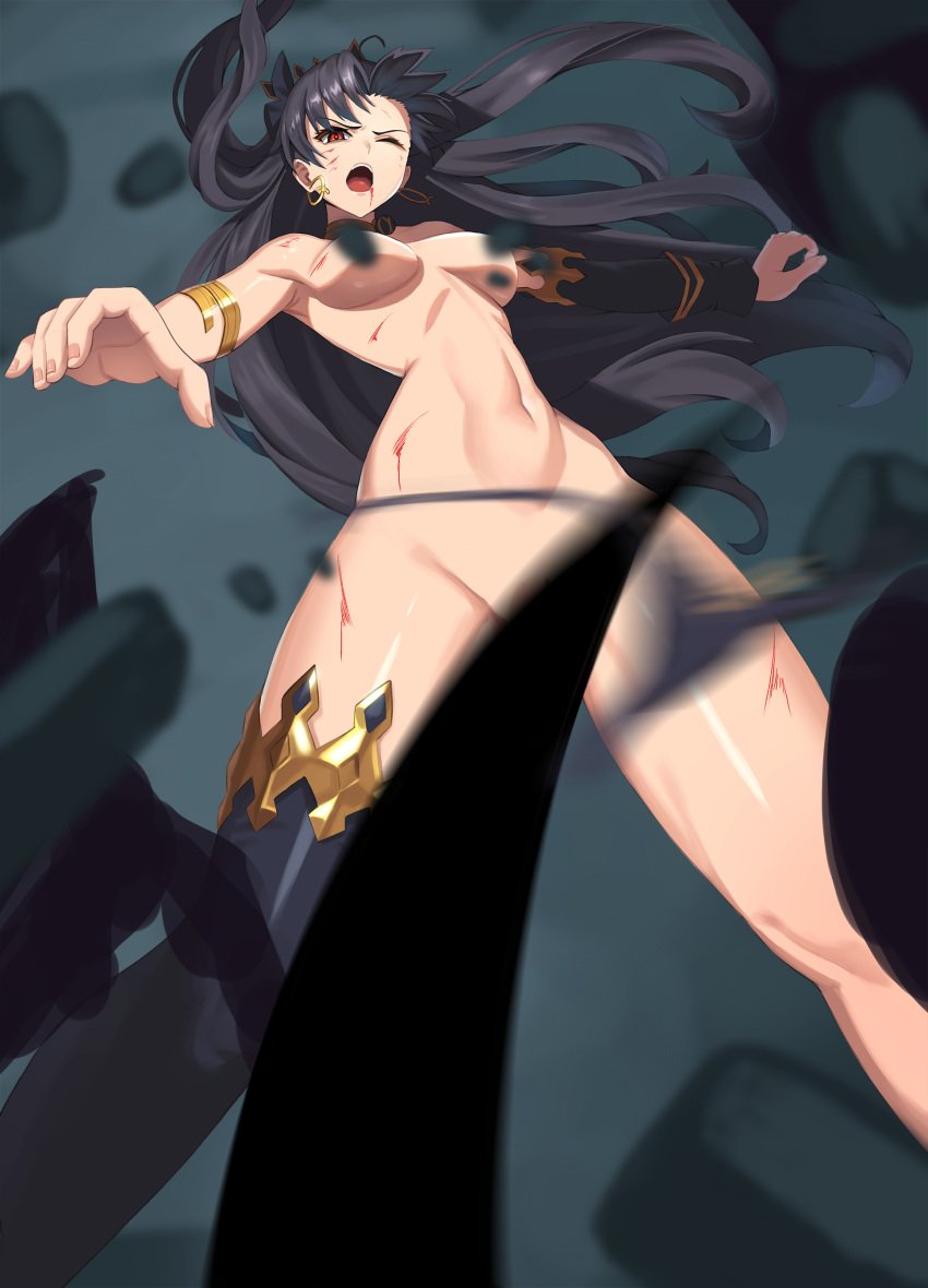 1girls angry angry_face armpits bare_shoulders barefoot black_hair covered_nipples covering_breasts covering_crotch earrings fate_(series) fate_grand_order fight fighting glaring heroine_in_trouble imminent_rape ishtar_(fate) kick kicking lahmu_(fate) long_hair monster navel necklace no_penetration open_mouth red_eyes ryona scar solo solo_female solo_focus spread_legs tearing_clothes tentacle tentacle twintails wangjook_(wj)