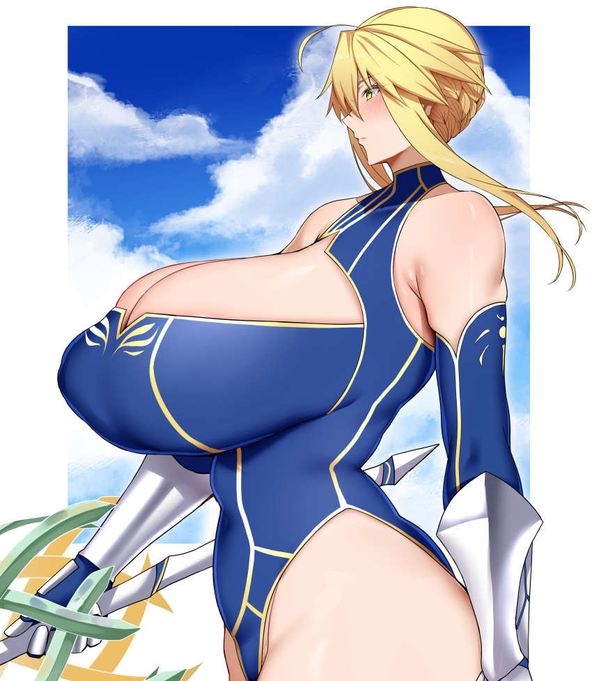 arind_yudha artoria_pendragon artoria_pendragon_(lancer) big_breasts blonde_hair blush bodysuit breasts fate/grand_order fate_(series) female happy huge_ass huge_breasts kingsmile solo thick_thighs