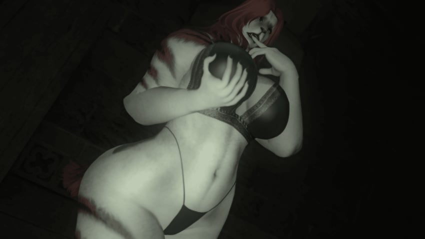 anthro_female big_thighs bra female final_fantasy_xiv furry furry_female hrothgar large_ass large_breasts lingerie panties red_hair thong wide_hips