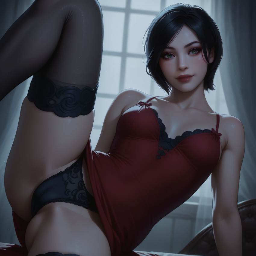 1girls ada_wong ai_generated black_hair couch dress dress_lift lace_panties lingerie panties ragen ragen_nsfw resident_evil resident_evil_4_remake seductive_look seductive_smile short_hair shy smile solo_female stockings thighhighs