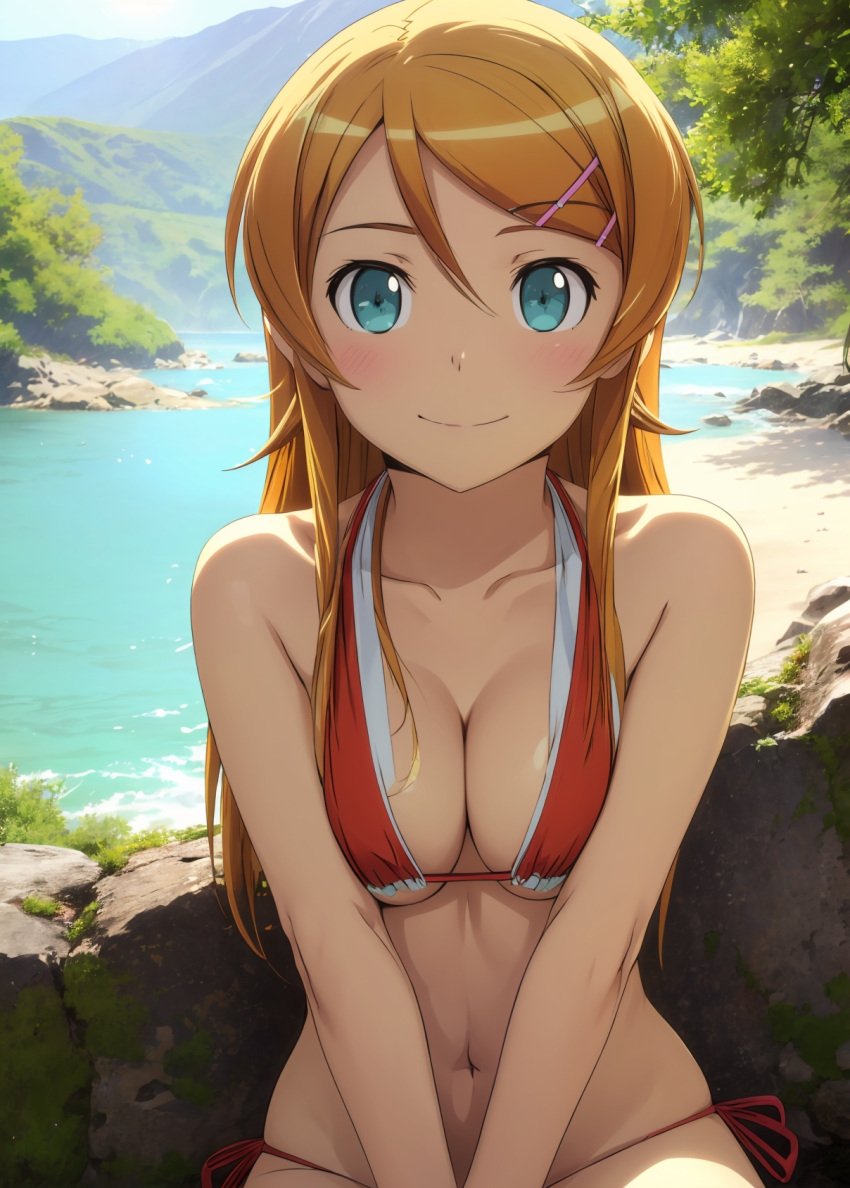 1girls 2d ai_generated aqua_eyes athletic athletic_female bare_shoulders belly big_ass bikini bikini_bottom bikini_top blonde_hair blue_eyes cameltoe chest curvy curvy_figure cute cute_face detailed eyelashes eyeshadow female female_only fit fit_female focus hair_ornament high_quality kirino_kosaka kousaka_kyousuke legs light-skinned_female light_skin lips lipstick long_hair looking_at_viewer makeup mascara mature medium_breasts midriff naked navel nero100 ore_no_imouto_ga_konna_ni_kawaii_wake_ga_nai pale-skinned_female pale_skin petite petite_body pointy_chin posing seductive seductive_look sling_bikini stable_diffusion tagme thighs young younger_female