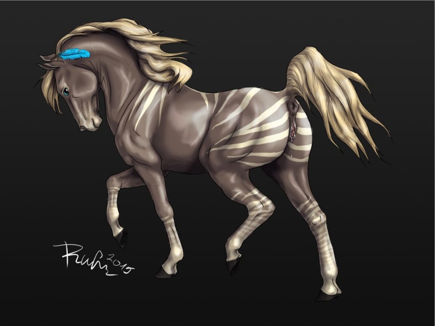 2015 anatomically_correct anatomically_correct_anus anatomically_correct_pussy animal_genitalia animal_pussy anus black_background blue_eyes equine equine_pussy feathers female feral fur grey_fur hi_res hooves horse hybrid looking_at_viewer mammal mane multicolored_fur pointy_ears puffy_anus pussy pussy_juice quadruped raised_tail rufciu side_view signature simple_background solo striped_fur stripes two_tone_fur walking white_fur white_stripes zebra zoophilia zorse