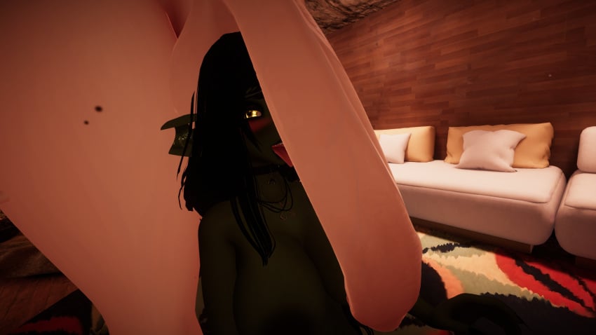 3d big_balls big_breasts big_dick big_penis black_hair blush breasts cock_on_face cock_on_head futanari goblin goblin_female green_skin huge_cock hung_futanari orange_eyes queenstarvr thick_thighs tits_out tongue_out veiny_penis vrchat vrchat_avatar