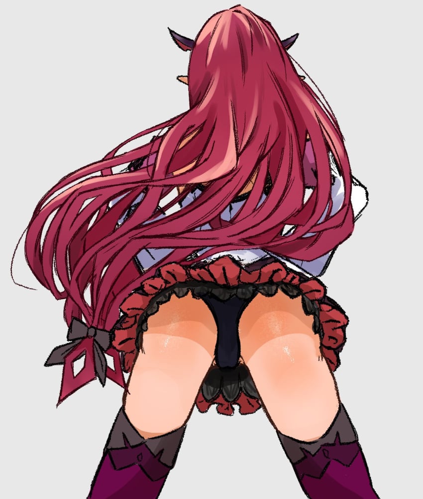 1girls ass back_view black_panties female female_only hololive hololive_english hololive_english_-promise- horns irys light-skinned_female light_skin panties pantyshot pointy_ears red_hair simon_nogier skirt solo under_skirt virtual_youtuber