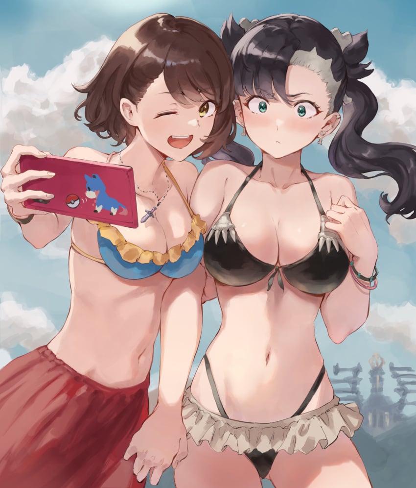 2girls ;d alternate_breast_size asymmetrical_bangs asymmetrical_docking asymmetrical_hair bikini bikini_skirt black_bikini black_hair blue_bikini bone_earrings bracelet breasts brown_hair cleavage creatures_(company) game_freak gloria_(pokemon) green_eyes hand_on_another's_back highres jewelry jojobirdz large_breasts legendary_pokemon long_hair marnie_(pokemon) medium_breasts mismatched_bikini multiple_bracelets navel nintendo one_eye_closed open_mouth outdoors pokemon pokemon_ss short_hair smile swimsuit taking_picture twintails undercut zacian