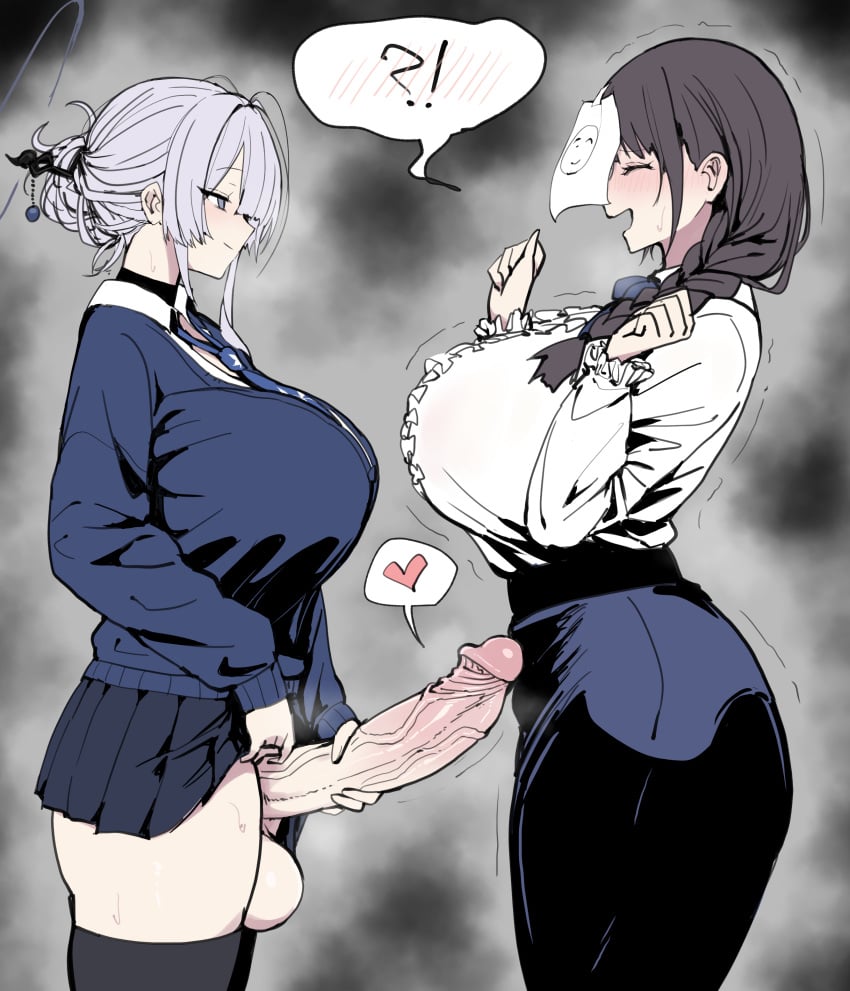 1futa 1girls ?! absurdres balls black_hair black_skirt blue_archive blue_cardigan blue_necktie blue_skirt bottomless braid breasts cardigan closed_mouth clothed clothing doodle_sensei_(blue_archive) english_text erection female female_focus female_sensei_(blue_archive) from_side fully_clothed futa_on_female futa_with_female futanari grey_eyes grey_hair grey_halo hair_ornament hair_stick halo hand_on_own_penis hands_up heart highres huge_breasts huge_cock human itokonoue_kaoru light-skinned_female light-skinned_futanari light_skin long_hair long_sleeves mostly_clothed multiple_girls necktie open_mouth paper_on_head penis penis_on_stomach project_kv school_uniform sensei_(blue_archive) shirt single_braid skirt spoken_heart standing testicles veins veiny_penis white_shirt xipa