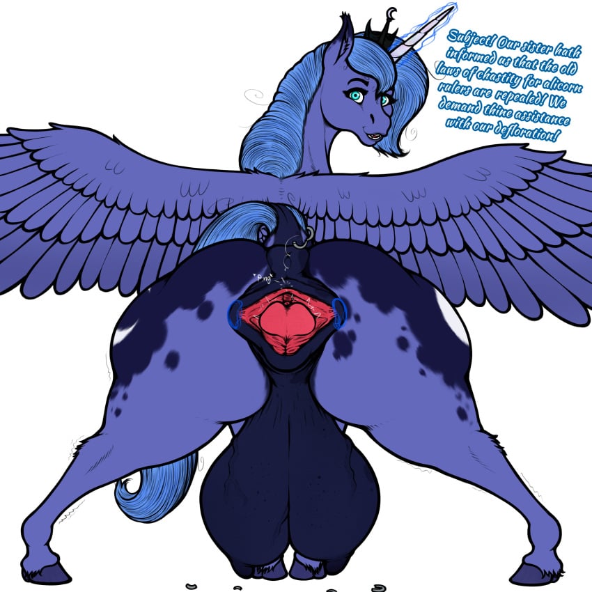 2024 absurd_res alicorn animal_genitalia animal_pussy anus ass blue_body blue_eyes clitoral_winking clitoris crotchboobs crotchboobs_visible_through_thighs cutie_mark dock_(anatomy) english_text equid equine equine_genitalia equine_pussy female feral friendship_is_magic furgonomics furry-specific_piercing genitals hasbro hermaeus_xerxes hi_res hooves horn horse huge_crotchboobs looking_at_viewer looking_back magic mammal my_little_pony mythological_creature mythological_equine mythology nipples piercing pony presenting presenting_hindquarters princess_luna_(mlp) pussy raised_tail simple_background solo spread_pussy spreading tail tail_anus tail_piercing text vein veiny_teats wings