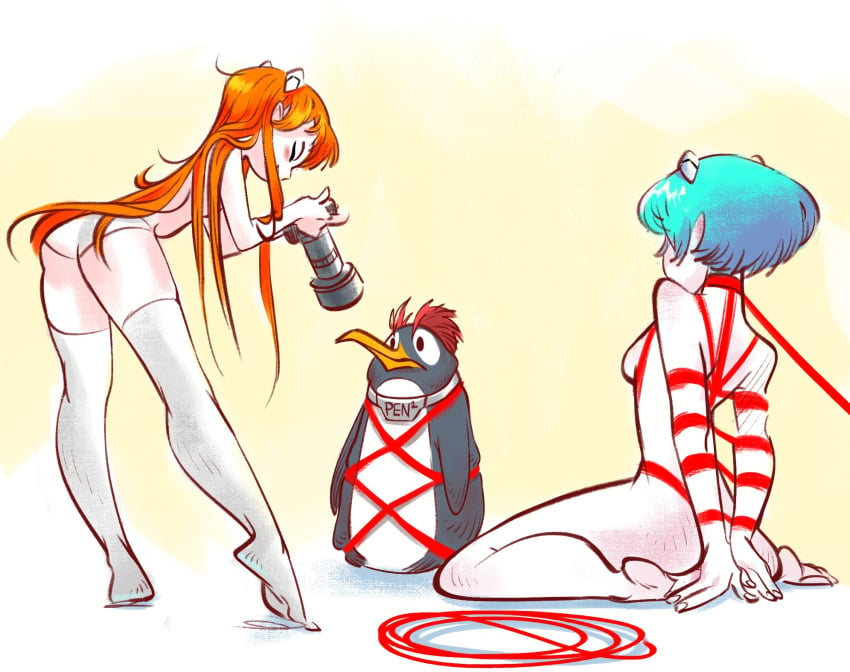 2girls ass asuka_langley_sohryu bird blue_hair bondage camera closed_eyes epic_ass_penguin feet long_hair looking_at_another name_tag neon_genesis_evangelion orange_hair penguin penpen philtomato rei_ayanami short_hair simple_background smile taking_picture tied_up_(sexual)