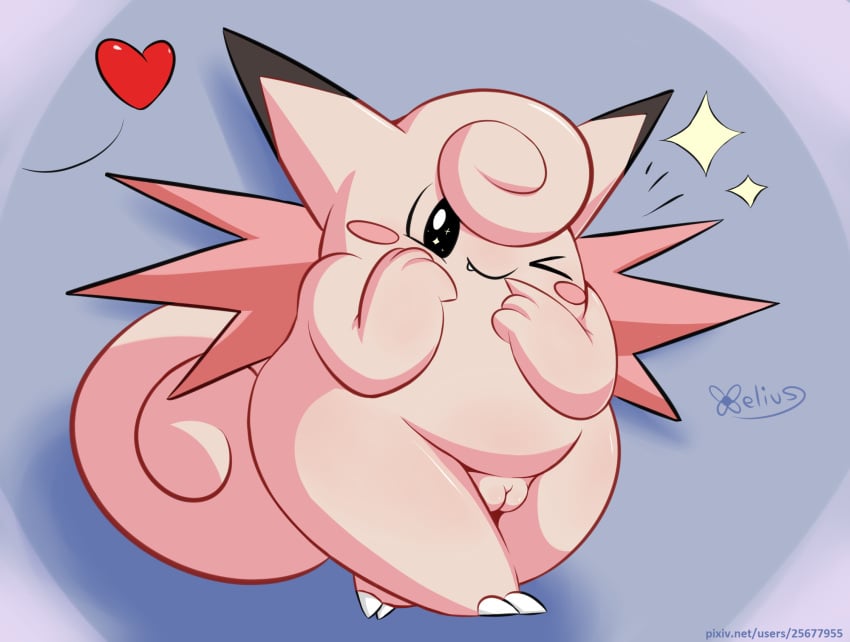 abstract_background black_eyes clefable cute_fangs female feral generation_1_pokemon genitals glistening glistening_eyes heart_symbol hi_res nintendo one_eye_closed pink_body pokemon pokemon_(species) pussy simple_background solo standing tail wings wink xelius