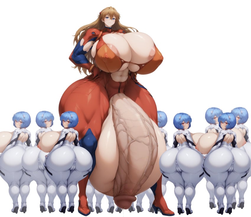 1futa abs ai_generated anus ass asuka_langley_sohryu big_ass big_penis bodysuit breasts clones clothed huge_ass huge_balls huge_breasts huge_cock hyper hyper_balls hyper_breasts hyper_penis multiple_girls neon_genesis_evangelion pussy rei_ayanami shortstack size_difference smile smug taller_female thick_thighs veiny_penis