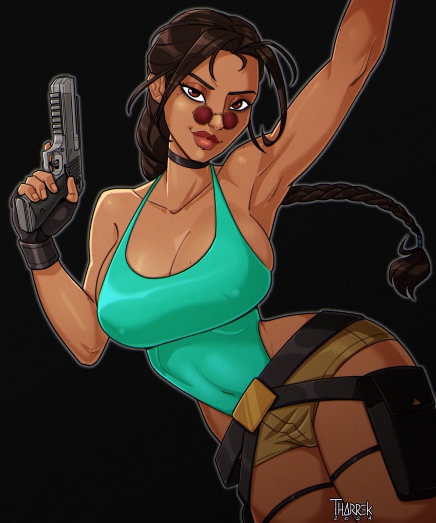 2024 2d 2d_artwork armpits arms_up big_breasts braid breasts brown_eyes brown_hair busty female female_focus female_only gun hourglass_figure lara_croft lara_croft_(classic) large_breasts long_hair looking_over_eyewear looking_over_sunglasses makeup pinup pinup_pose pistol red-tinted_eyewear sunglasses tagme tan tan_body tan_skin tharrek tinted_eyewear tomb_raider wide_hips