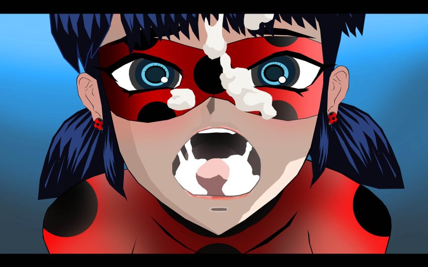 1girls 2d 2d_(artwork) blue_eyes blue_hair bodysuit cum cum_in_mouth cum_on_face dark-yoka18 domino_mask eye_mask facial female female_only ladybug_(character) lots_of_cum marinette_dupain-cheng miraculous:_tales_of_ladybug_and_cat_noir miraculous_ladybug open_mouth pigtails self_upload solo style_parody superheroine taimanin_(series) taimanin_asagi taimanin_style wide_open_mouth