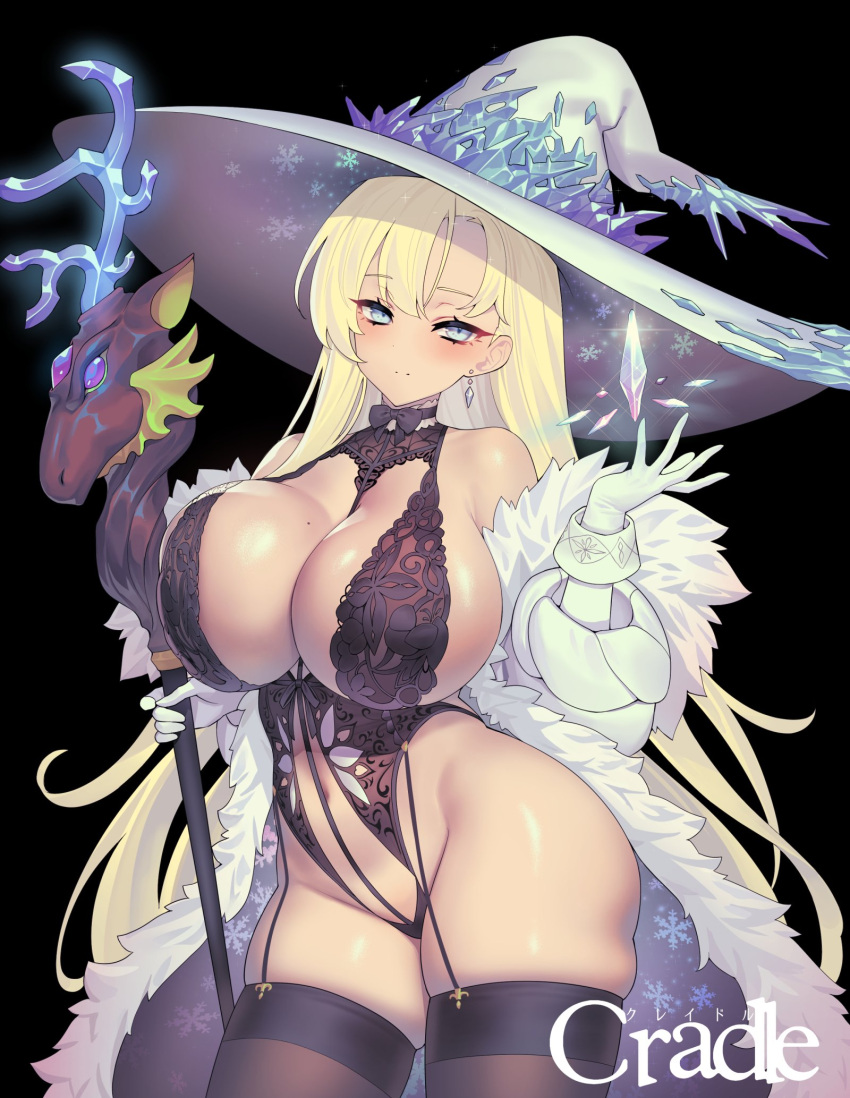 big_breasts black_background black_thighhighs blonde_hair blue_eyes blush breasts closed_mouth earrings elbow_gloves female gloves hand_up hat highres holding holding_staff huge_breasts jewelry large_breasts large_hat lingerie mole mole_on_breast navel revealing_clothes sideboob simple_background skimpy smile solo staff suertee34 tagme thighhighs thighs underwear white_gloves witch witch_hat