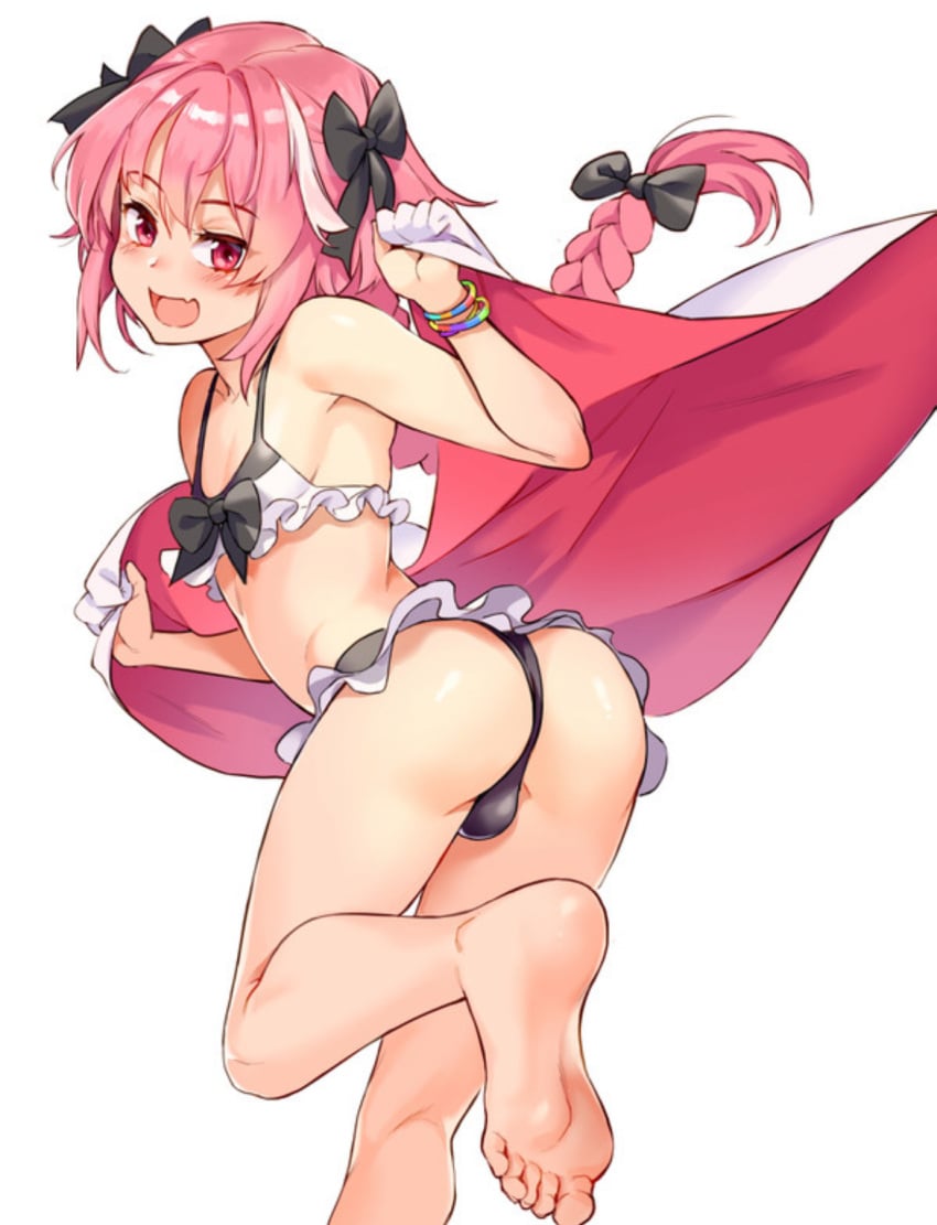 1boy ass astolfo_(fate) bikini blush bulge crossdressing fate/grand_order fate_(series) feet femboy frills human human_only jairou looking_at_viewer smile soles xil