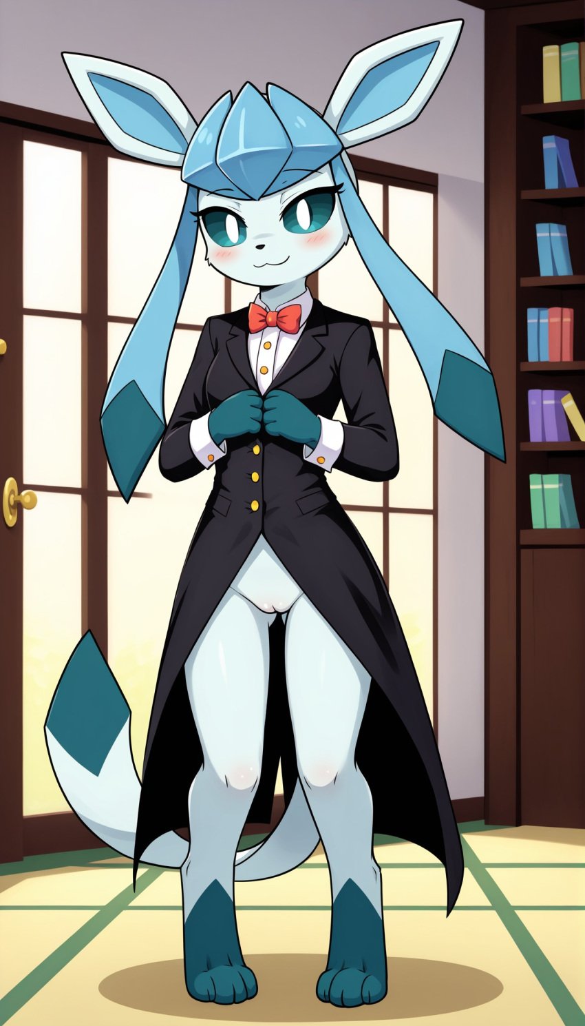 1girls 2024 ai_generated anthro blue_eyes blue_fur blushing bottomless bottomless_female digitigrade eeveelution female female_only generation_4_pokemon glaceon hi_res indoors innie_pussy looking_at_viewer magician nintendo pokemon pokemon_(species) pussy smile