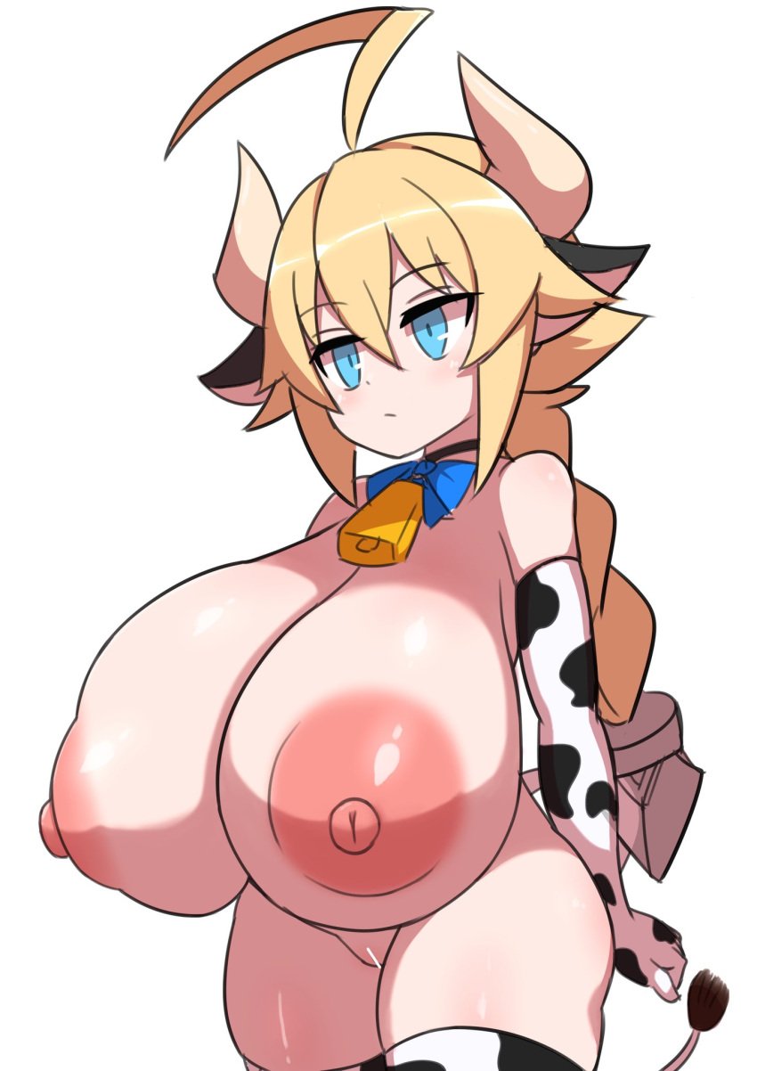 1girls ahoge areolae blazblue blonde_hair blue_eyes braid braided_hair braided_ponytail breasts breasts_bigger_than_head censor_bar censored censored_pussy cow_ears cow_horns cow_print cowbell elbow_gloves es_(xblaze) expressionless fake_animal_ears female female_only gigantic_breasts gloves horns huge_breasts long_hair nipples nude pussy shiny_skin sigruku simple_background solo thick_thighs thighhighs tied_hair white_background xblaze