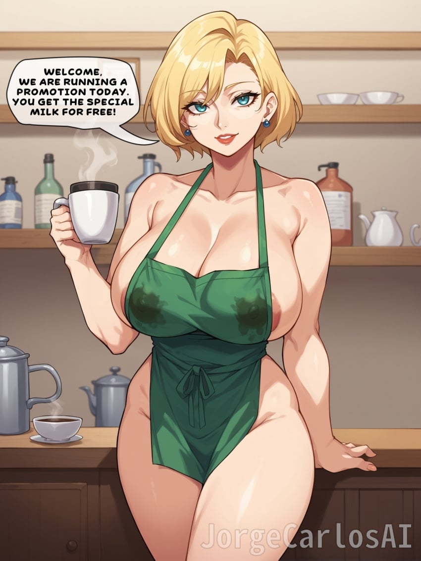 1girls 1woman ai_generated apron apron_only areola areola_slip areolae areolae_slip blonde_female blonde_hair blonde_hair_female blue_eyes breast_milk_drinking breast_milk_in_a_cup breasts cleavage coffee coffee_cup coffee_mug coffee_shop earrings english english_text female female_focus female_only green_apron huge_breasts jorgecarlosai lactating lactating_nipples lactating_through_clothing lactation lactation_through_clothes lactation_without_stimulation lipstick makeup mature mature_female mature_woman milf milk nipples short_hair speech speech_bubble text text_bubble thick thick_hips thick_legs thick_thighs thighs visible_nipples watermark wet_clothes wet_clothing wide_hips