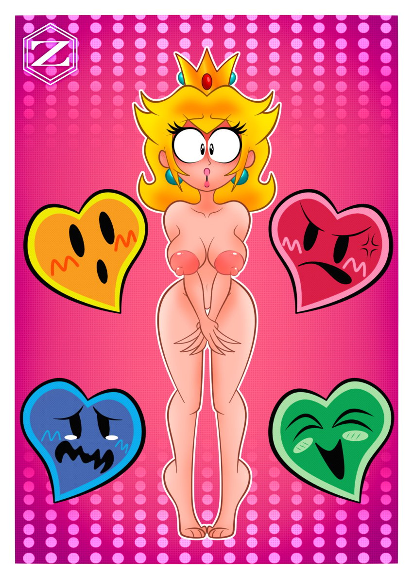 1girls blonde_hair breasts covering_crotch crown embarrass embarrassed_nude_female enf female female_only front_view heart human looking_at_viewer mario_(series) nintendo nipples nude nude_female princess princess_peach royalty super_princess_peach surprised zarnacius