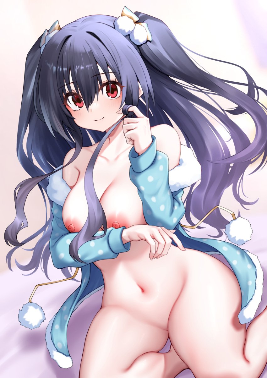 1girls alternate_breast_size arm_under_breasts barefoot big_breasts black_hair breasts busty feet female female_only hair_ribbon highres large_breasts legs long_hair looking_at_viewer navel neptunia_(series) nipples open_clothes pajamas red_eyes ribbon sensual sitting smile solo thighs twintails uni_(neptunia) voluptuous