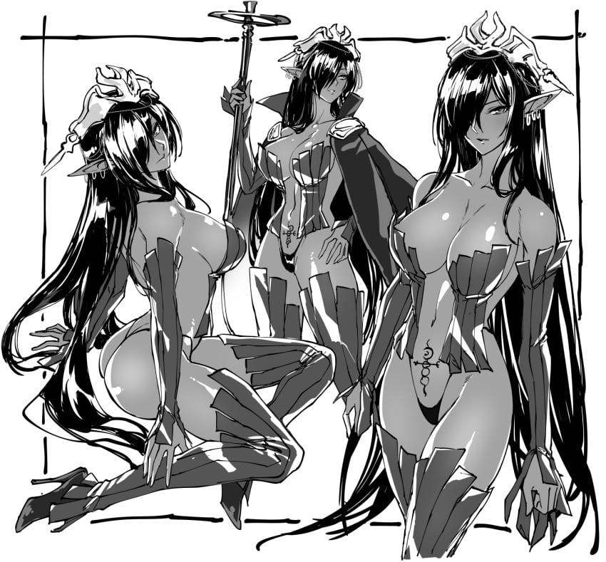 1girls ass big_ass big_breasts black_hair breasts busty cleavage elf fat_ass hand_on_hip highres kuroinu_~kedakaki_seijo_wa_hakudaku_ni_somaru~ large_breasts legs multiple_views navel olga_discordia parted_lips pointy_ears pose posing seductive seductive_look sensual sitting solo stomach_tattoo tattoo thighs thong voluptuous