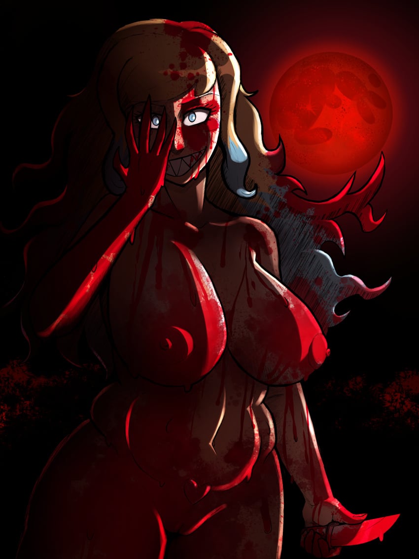 benedetta_versus big_breasts blonde_hair blood blood_moon blood_on_body blood_on_breasts blood_on_face blood_on_hand blood_on_knife blue_eyes creepy_smile fluffyyutyrannus halloween heart-shaped_pubic_hair huge_breasts knife murderer pussy red_moon sharp_teeth smile tagme tan_body tanned_skin the_art_class