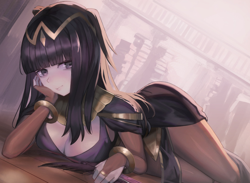 1girls absurdres black_dress black_eyes black_hair blunt_bangs bodystocking breasts bridal_gauntlets cleavage closed_mouth dress female female_only fire_emblem fire_emblem_awakening hair_ornament head_rest highres indoors jewelry katsu_(katsuslider) large_breasts long_hair looking_at_viewer lying nintendo on_floor solo solo_female tharja_(fire_emblem) two_side_up wooden_floor