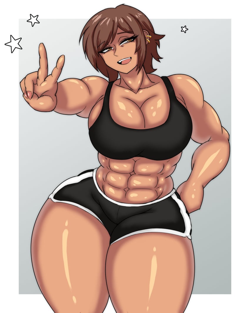 abs brown_hair dark-skinned_female huge_breasts limbus_company littleteze muscular_female outis_(limbus_company) project_moon thick_thighs