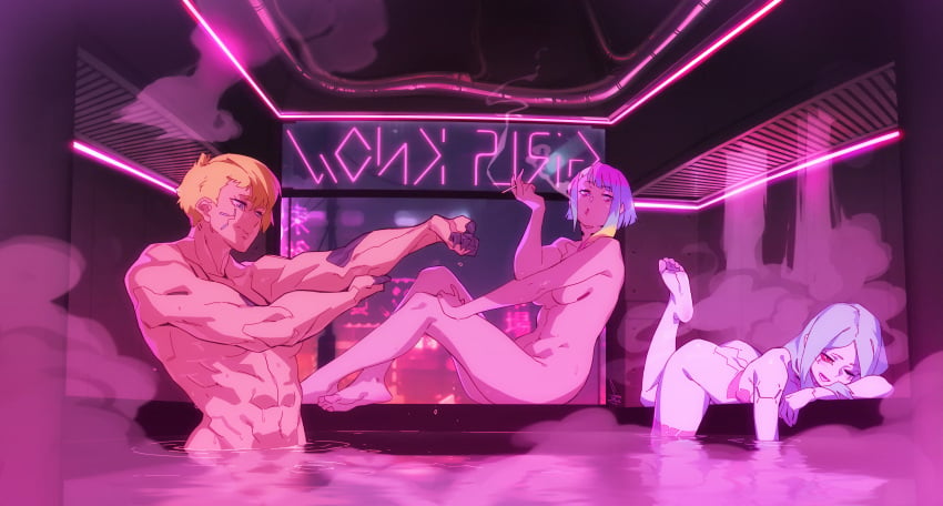 3girls abs bath bathhouse bathing blonde_hair casual cd_projekt_red completely_nude cyberpunk:_edgerunners cyberpunk_2077 dorio_(edgerunners) feet feguimel female female_only human laying_on_stomach lucyna_kushinada multicolored_hair multiple_girls muscular_female nude pale_skin rebecca_(edgerunners) sauna sitting soles studio_trigger toes wet