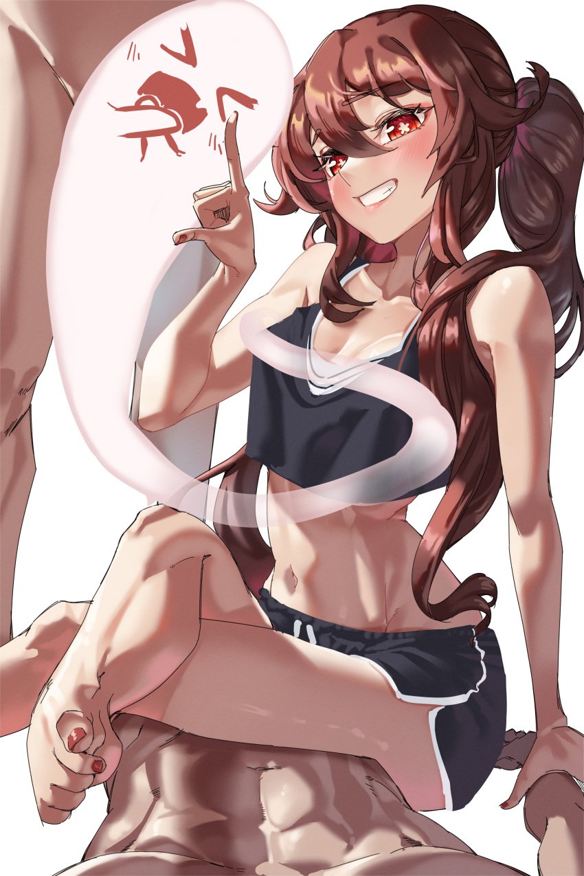 2boys absurdres blush boo_tao_(genshin_impact) breasts brown_hair collarbone commentary crop_top crossed_legs dolphin_shorts female flower-shaped_pupils genshin_impact grin group_sex hair_between_eyes highres hu_tao_(genshin_impact) index_finger_raised lying mataeo88 medium_breasts mmf_threesome multiple_boys muscular muscular_male nail_polish navel on_back red_eyes red_nails short_shorts shorts sitting sitting_on_person smile standing stomach symbol-shaped_pupils thigh_sex thighs threesome toenail_polish toenails toes twintails