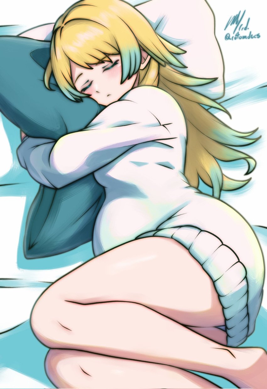 1girls alternate_hairstyle ass ass_in_dress bare_legs big_ass blonde_hair closed_eyes dress female female_only fire_emblem fire_emblem_heroes fjorm_(fire_emblem) gradient_hair highres hugging_object legs lying multicolored_hair nintendo official_alternate_hairstyle on_bed on_side panties panty_peek pantyshot pillow pillow_hug pregnant pregnant_belly pregnant_female rotomdocs sleeping solo sweater sweater_dress thick_thighs underwear upskirt white_panties white_sweater