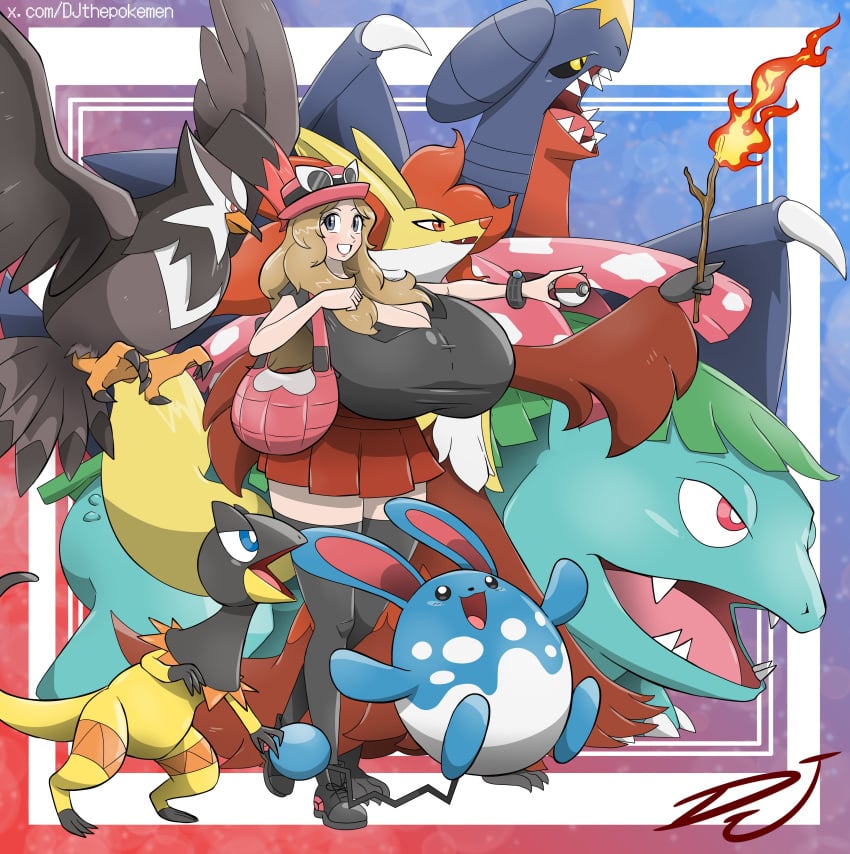 1girls azumarill big_breasts blush breasts cleavage clothed clothing creatures_(company) delphox djthepokemen game_freak garchomp generation_1_pokemon generation_4_pokemon generation_6_pokemon hat heliolisk leggings nintendo pokémon_(species) poke_ball pokemon pokemon_(species) pokemon_dppt pokemon_rgby pokemon_trainer pokemon_xy serena_(pokemon) serena_(pokemon_games) skirt staraptor starter_pokemon venusaur