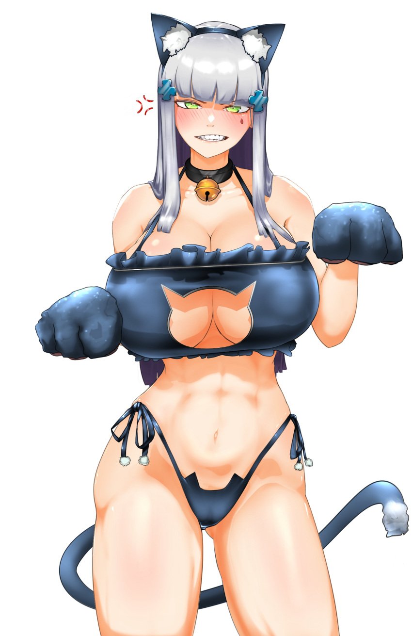 absurdres animal_ears bell bikini black_bikini blush breasts cat_ear_bikini cat_ears cat_tail cleavage clothing_cutout collarbone facial_mark female girls'_frontline gloves green_eyes grey_hair hair_ornament highres hk416_(girls'_frontline) large_breasts long_hair looking_at_viewer meme navel neck_bell pakdeus sad_cat_dance_(meme) simple_background solo stomach swimsuit tail teardrop teardrop_tattoo very_long_hair white_background