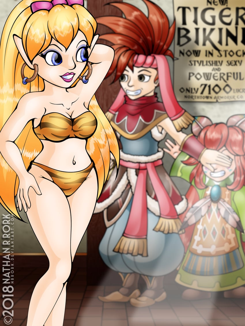 1boy 1girls bare_legs belly_button bikini covering_eyes earrings midriff nnork popoi_(secret_of_mana) primm purim randi secret_of_mana tiger_print