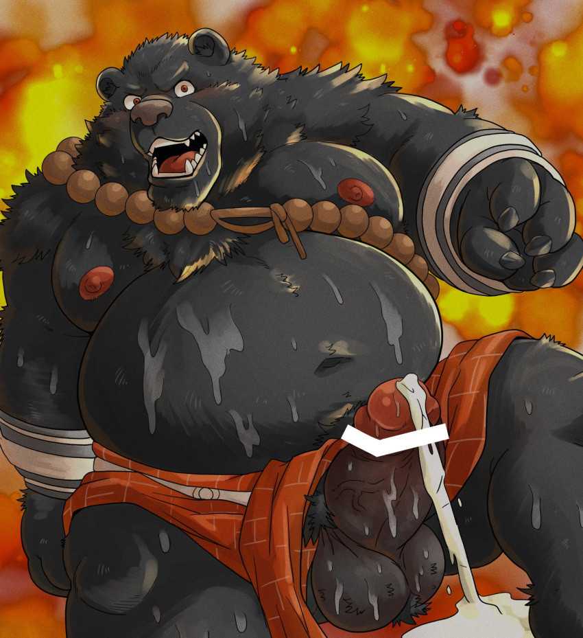 2024 anthro balls bear belly big_belly black_body black_fur bodily_fluids censored chobikuma cum erection fur genital_fluids genitals hi_res kemono male mammal moobs navel nipples overweight overweight_male penis solo sweat