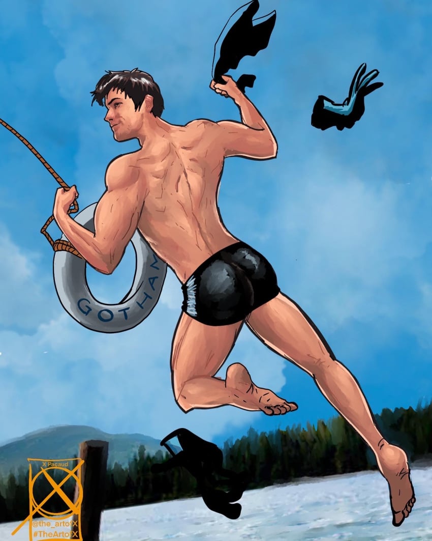 1boy 2022 artist_logo ass black_hair clothes_removed dc dc_comics dick_grayson feet life_ring male male_feet nightwing outside swimsuit swinging xtophe