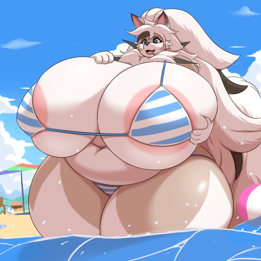 anthro big_breasts bikini breasts chubby cleavage female furry garnet_(thicccomplex) hidenafox huge_breasts hyper_breasts lycanroc obese obese_anthro obese_female pokemon pokemon_(species) thick_thighs wide_hips