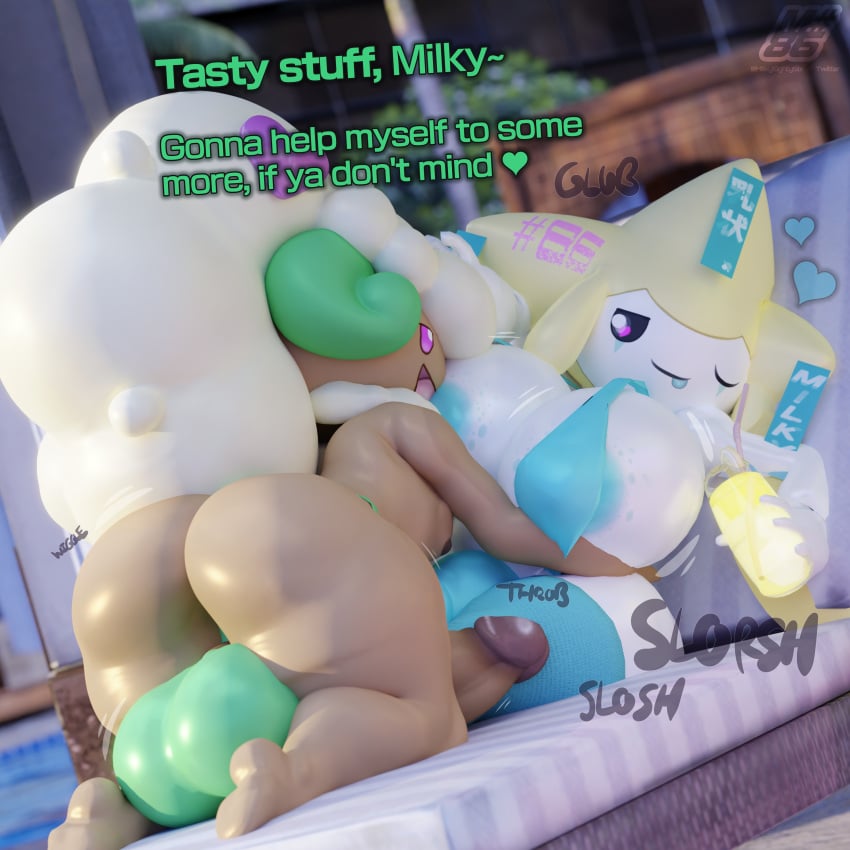 1:1 absurd_res anthro balls bouncing_balls bouncing_breasts breasts butt_jiggle duo english_text generation_3_pokemon generation_5_pokemon genitals herm hi_res hyper intersex intersex/male jiggling jirachi legendary_pokemon male milky_(milkyeightysix) milkyeightysix nintendo penis pokemon pokemon_(species) sloshing_breasts smoothie_(milkyeightysix) text throbbing throbbing_penis whimsicott