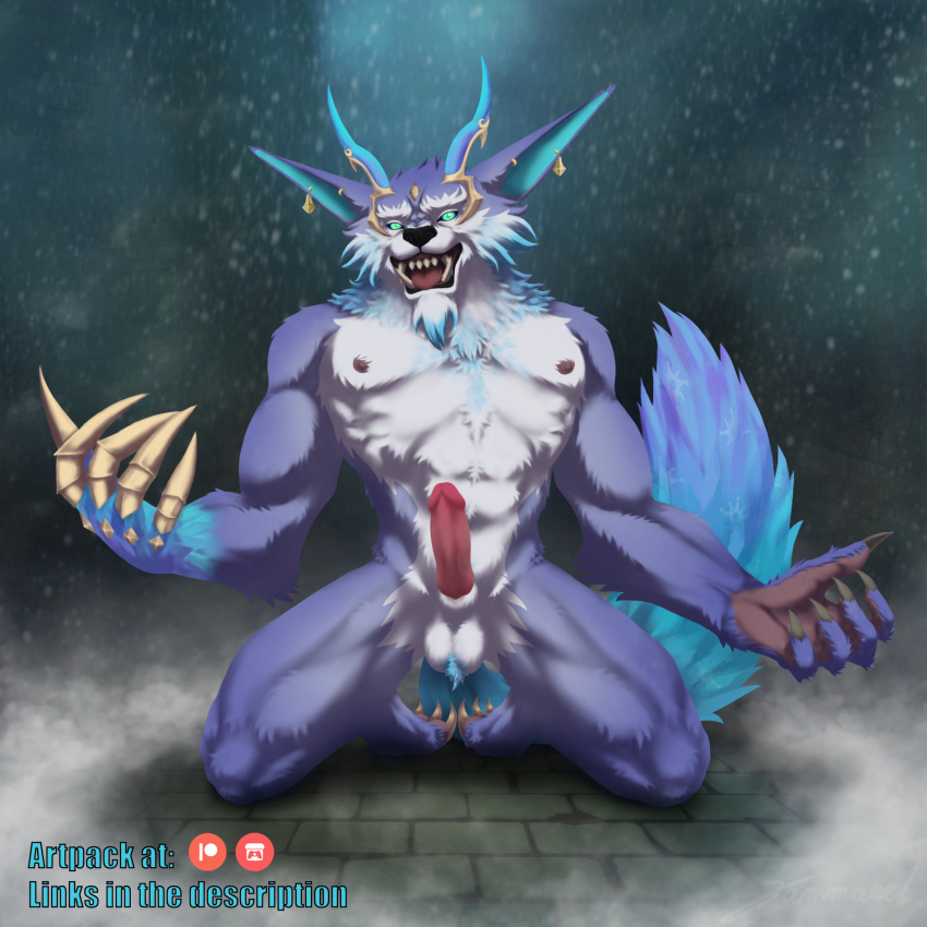 abs anthro canid canine canis claws clothed clothing ear_piercing erection fangs fur genitals hi_res horn knot league_of_legends male mammal muscular nipples open_mouth pantsless penis piercing riot_games shirtless snow snowing tail teeth tencent tongue tongue_out warwick winterblessed_series winterblessed_warwick_prestige_edition wolf