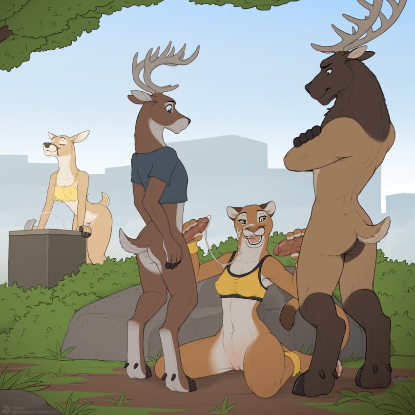 2boys anthro anthro_on_anthro antlers black_nose bodily_fluids bottomless bottomless_anthro bottomless_female bottomless_male breasts brown_body brown_fur cervine clothed clothing cougar cum cum_chugging cum_on_face deer elk erection felid feline female fur genital_fluids genitals group group_sex handjob hi_res horn jishinu male male/female mammal mmf_threesome navel new_world_deer nipple_outline nude nude_anthro nude_female open_mouth open_smile outdoor_nudity outside outside_sex park penile penis pussy sex smile standing tan_body tan_fur threesome white-tailed_deer