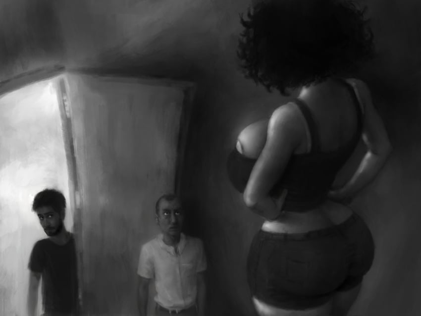 1girls 2boys aas ass big_ass big_breasts big_butt black_hair breasts clothed clothed_female clothed_male dark-skinned_male dark_skin giantess isabel isabel_(kazarinka) kazarinka_(artist) light-skinned_female light_skin looking_down looking_up mini_giantess opening_door pale-skinned_female pale_skin