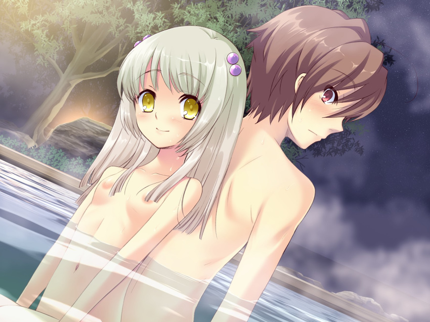 1boy arm arms back-to-back bare_shoulders blush brown_hair couple dutch_angle female flat_chest flyable_heart game_cg grey_hair hair_bobbles itou_noiji katsuragi_shou looking_back navel night nipples nude onsen red_eyes short_hair shy silver_hair smile steam tree water wet white_hair yellow_eyes yukishiro_suzuno