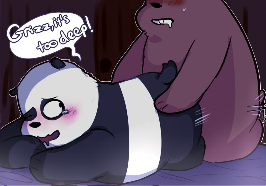 2017 all_fours anal anal_sex bear bed blush cartoon_network cold_sweat doggy_style drooling english_text from_behind_position grizzly_(wbb) grizzly_bear inside male mammal overweight panda panda_(wbb) penetration saliva sex tears text toragoru we_bare_bears yaoi